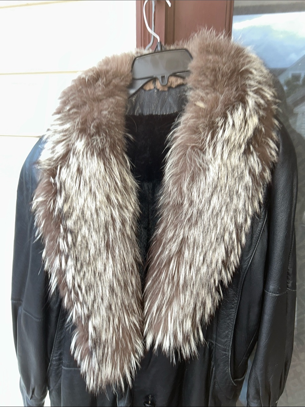 Gorgeous Black Leather Coat with Brown Fur Collar